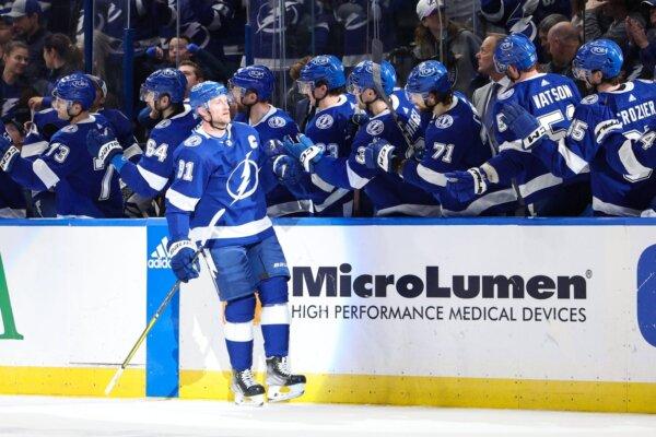 Tampa Bay Lightning center Steven Stamkos (91) celebrates after scoring a goal against the Anaheim Ducks in the second period in Tampa on Jan. 13, 2024. (Nathan Ray Seebeck/USA TODAY Sports via Field Level Media)