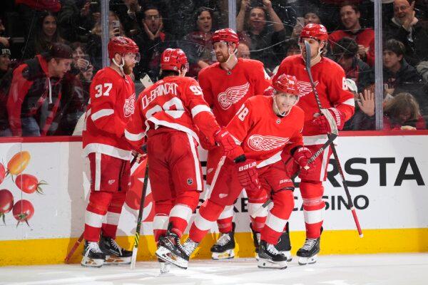 Detroit Red Wings right wing Patrick Kane (88) celebrates his goal against the Los Angeles Kings in the second period of an NHL hockey game in Detroit on Jan. 13, 2024. (Paul Sancya/AP Photo)