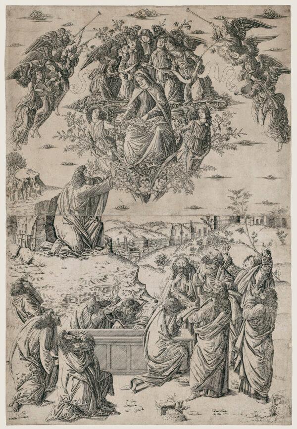 This work is a testament to the art of line that Botticelli created. “The Assumption of the Virgin,” circa 1493, by Francesco Rosselli based on a design by Sandro Botticelli. Broad manner engraving on two separate sheets of medium-thin laid paper, not joined. (Museum of Fine Arts Boston)