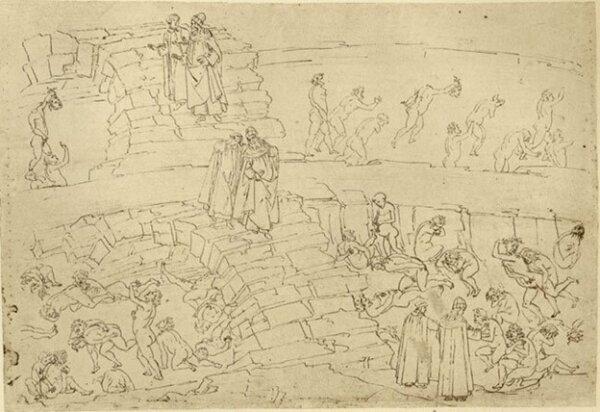 Drawing of “Panderers and Flatterers," inspired by Dante’s "Inferno” from the "Divine Comedy," by Sandro Botticelli. (Courtesy of Dave Lafferty)