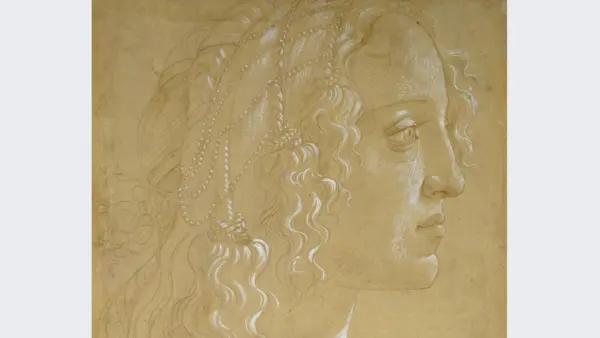 This drawing shows the ornaments he carefully placed in the lady's hair, adorning her locks. "Study of the Head of a Woman in Profile ("La Bella Simonetta")," circa 1485, by Sandro Botticelli. Metal point, white gouache on light-brown prepared paper; 13 7/16 inches by 9 1/16 inches. (The Ashmolean Museum of Art and Archaeology, Oxford, U.K.)