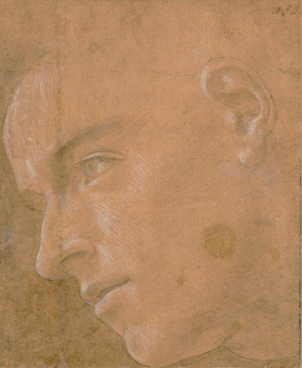 This portrait portrayed the artist’s ability to read his subject and put it on paper with few lines before adding exceptional detailing. “Head of a Man in Near Profile Looking Left,” circa 1468–1470, by Sandro Botticelli. Metal point, traces of black chalk, gray wash, heightened with white, on yellow-ochre prepared paper. (By permission of the Governing Body of Christ Church, Oxford.)