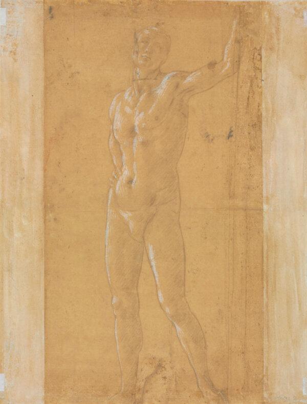 "A Standing Young Man With His Arm Raised," by Sandro Botticelli. Silverpoint, heightened with white gouache, on yellow-ocher prepared paper; 7 3/4 inches by 10 3/8 inches. (Gabinetto Disegni e Stampe degli Uffizi, Florence)
