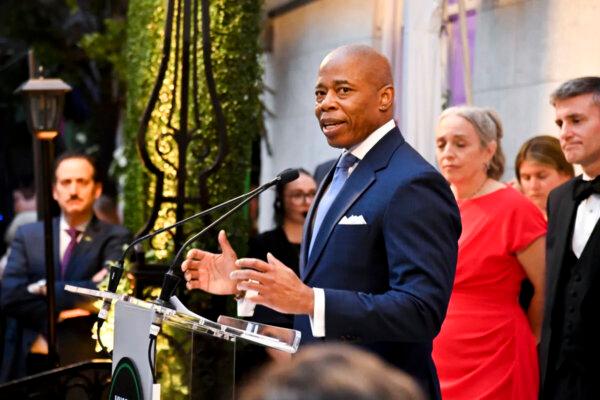 Mayor Eric Adams speaks at the Museum of the City of New York’s Centennial Gala honoring Michael R. Bloomberg in New York, on May 24, 2023. (Bryan Bedder/Getty Images)