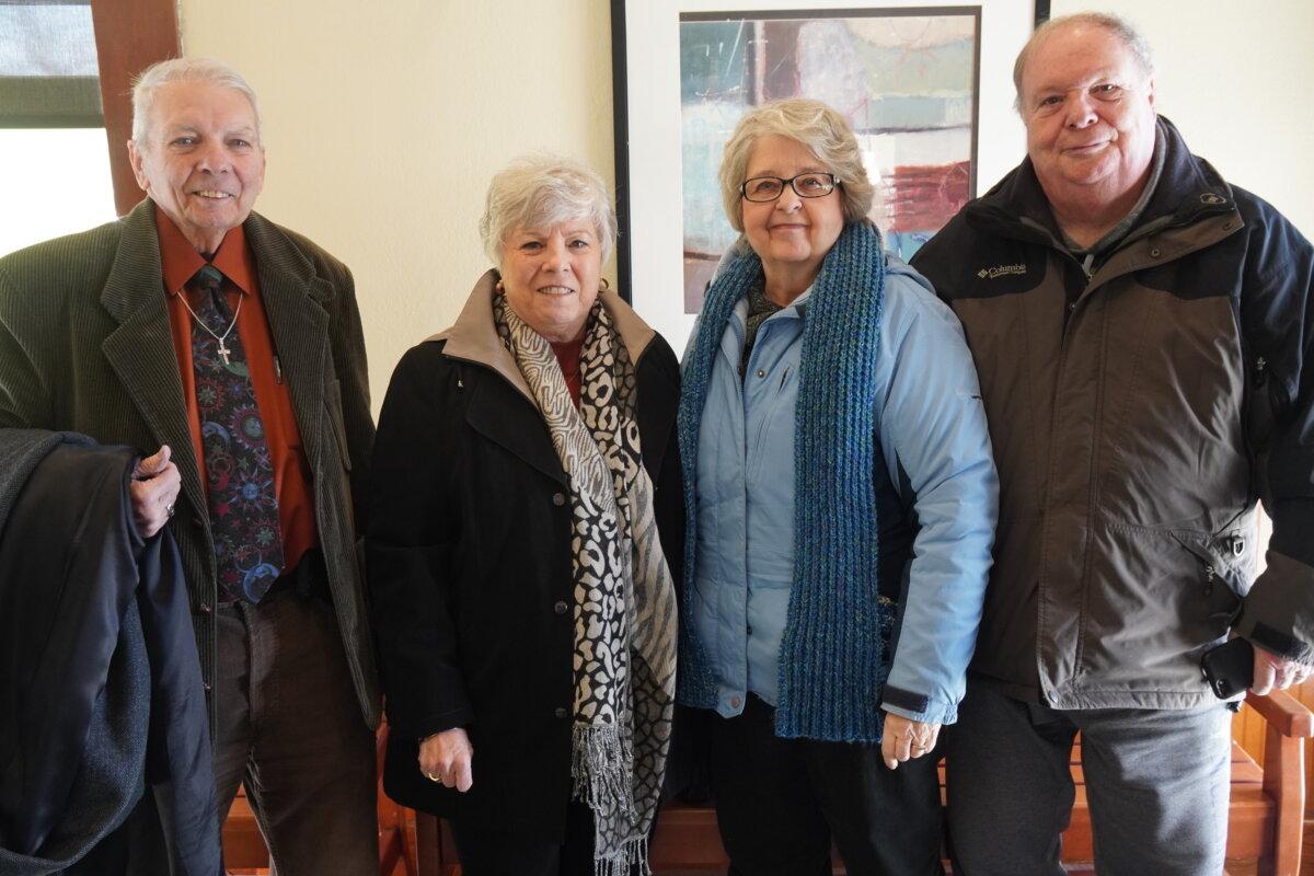 From left to right, Ray Mitchum, Jana Mitchum, Kathy Braga, and Brad Braga at a Perkins diner in Marshalltown, Iowa, on Jan. 14, the day before the state's 2024 Republican caucus. The Mitchums support Vivek Ramaswamy, while the Bragas are all in for Florida Gov. Ron DeSantis.