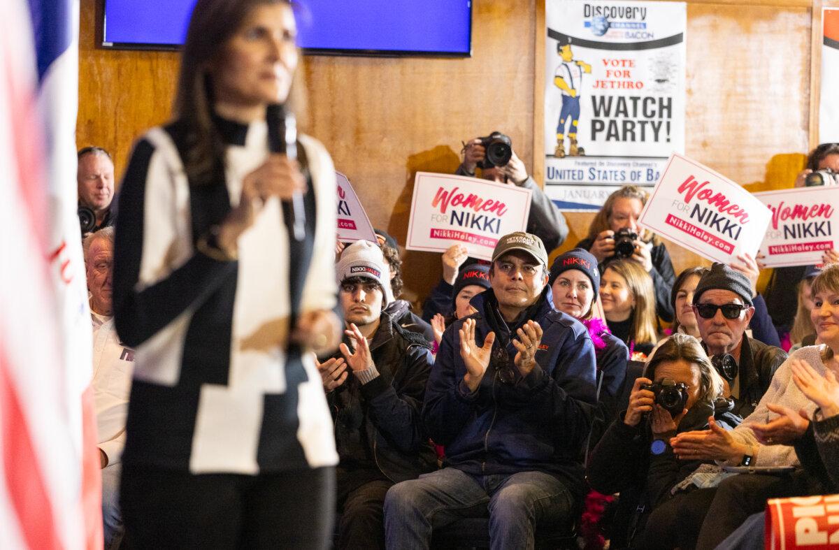 Nikki Haley supporters gather to hear presidential candidate Nikki Haley speak in Ames, Iowa, on Jan. 14, 2024. (John Fredricks/The Epoch Times)