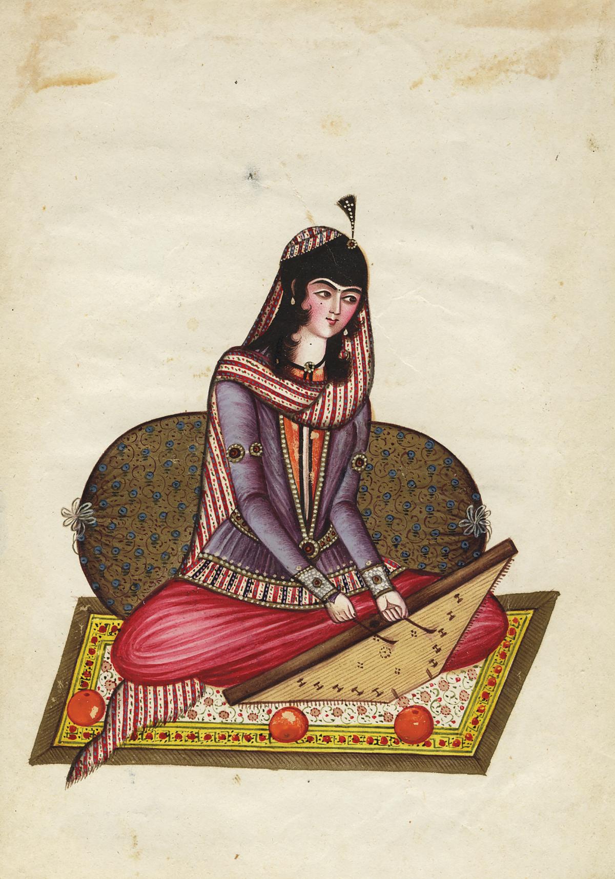 A Persian painting of a woman playing the santir from the Qajar Empire (1785–1925). (<a href="https://commons.wikimedia.org/wiki/File:Qajar_Miniature_(1800_-_1850)_Georgian_State_Museum_of_Theatre,_Music,_Film_and_Choreography_-_Art_Palace_(3).jpg" target="_blank" rel="nofollow noopener">Persian Painters</a>/<a href="https://creativecommons.org/licenses/by-sa/4.0/deed.en" target="_blank" rel="nofollow noopener">CC BY-SA 4.0 DEED</a>)