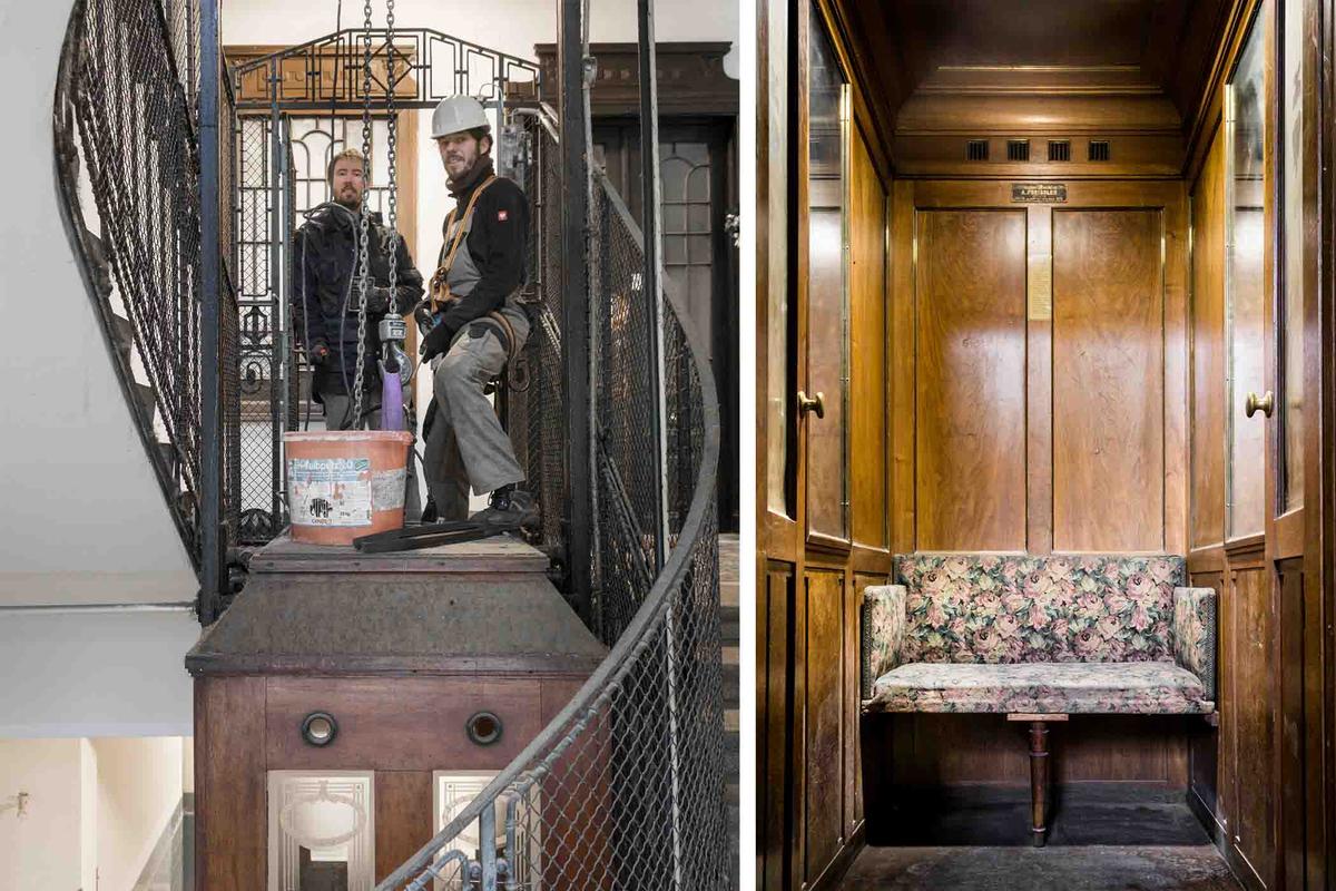 (Left) Mr. Tauss works on an elevator built in 1912; (Right) The interior of an elevator from 1903. (Courtesy of Christian Tauss)
