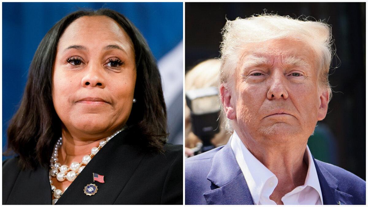 (Left) Fulton County District Attorney Fani Willis speaks during a news conference at the Fulton County Government building in Atlanta on Aug. 14, 2023. (Joe Raedle/Getty Images), (Right) Former President Donald Trump leaves at the Iowa State Fair in Des Moines, Iowa, on Aug. 12, 2023. (Madalina Vasiliu/The Epoch Times)