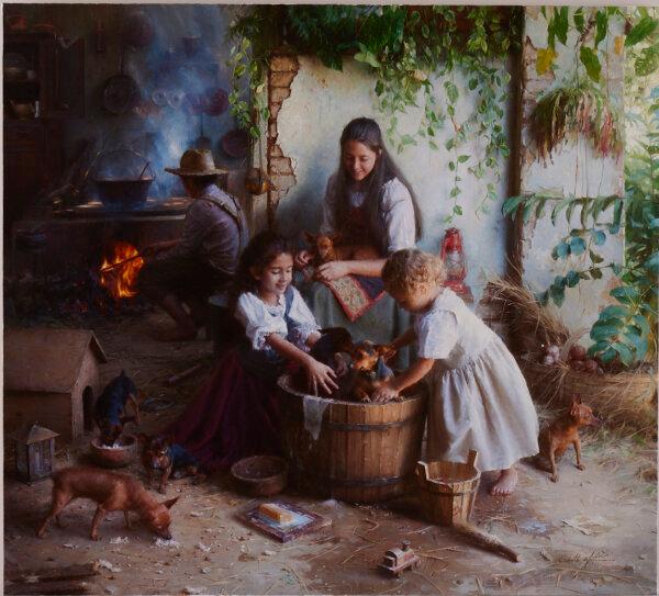 “Bath Time” by Clodoaldo Geovani Martins of Brazil. Oil on canvas; 36 inches by 40 inches. (NTD International Figure Painting Competition)