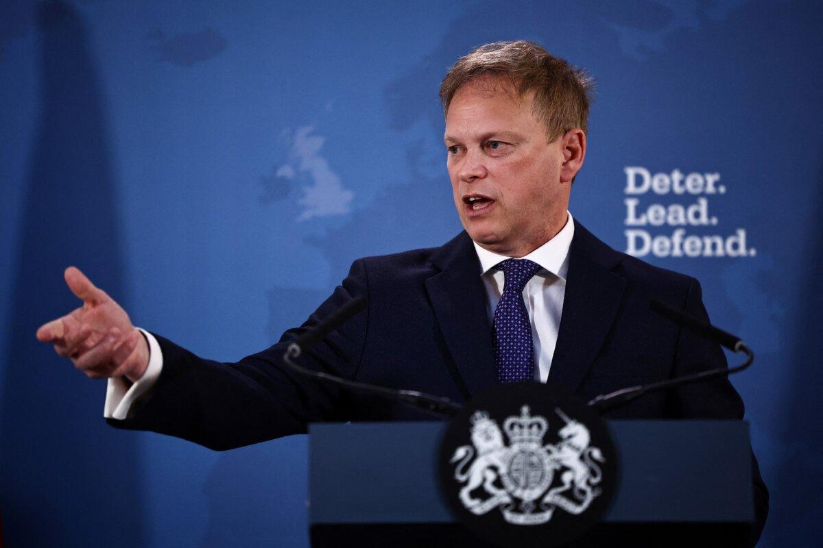 Britain's Defence Secretary Grant Shapps delivers a speech on defending the UK and its allies, at Lancaster House, in London, on Jan. 15, 2024. (Henry Nicholls/AFP via Getty Images)