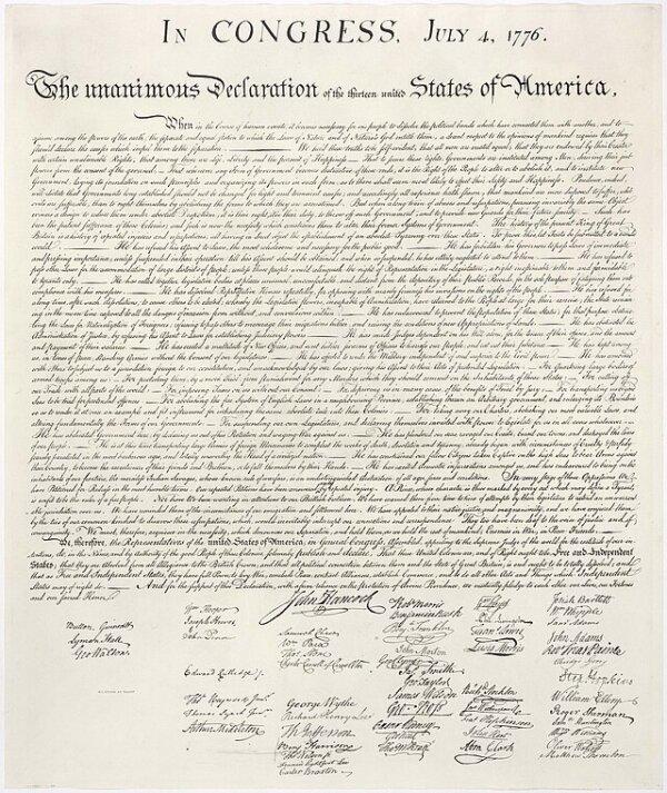 The Declaration of Independence was written by Thomas Jefferson and signed by 56 men. Except for John Hancock's signature, the signatures are arranged from top to bottom according to the signee's state. (Public Domain)
