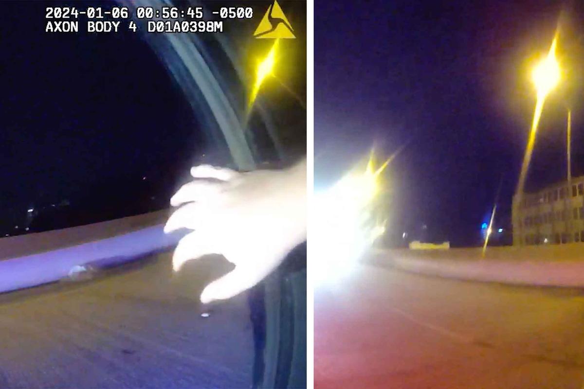 Still images captured from a St. Petersburg Police officer's body camera just seconds before his car was hit by a passing car on the freeway. (Courtesy of St. Petersburg Police Department)