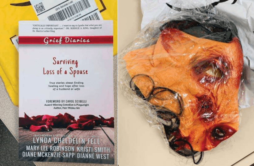 David and Ina Steiner received multiple packages with threatening items from eBay executives, with one package containing a book on surviving the death of a spouse and another with a blood-stained pig mask. (Courtesy District of Massachusetts)