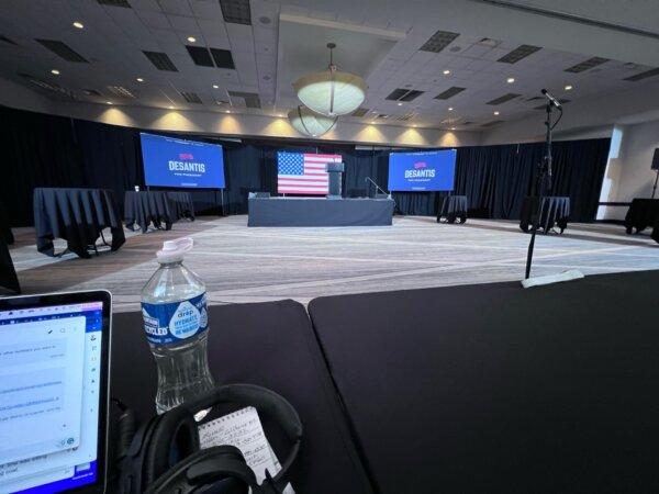 The stage is set for the DeSantis caucus night watch party at the Sheraton hotel in West Des Moines, Iowa, on Jan. 15, 2024. (Lawrence Wilson/The Epoch Times)