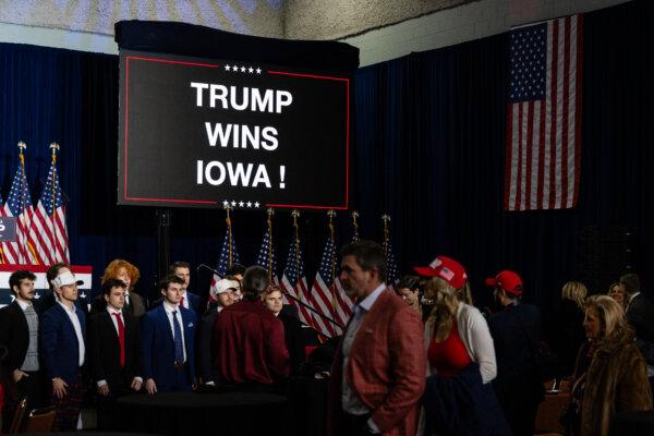 Trump supporters gather for a post-caucus celebration in Des Moines, Iowa, on Jan. 15, 2024. (John Fredricks/The Epoch Times)
