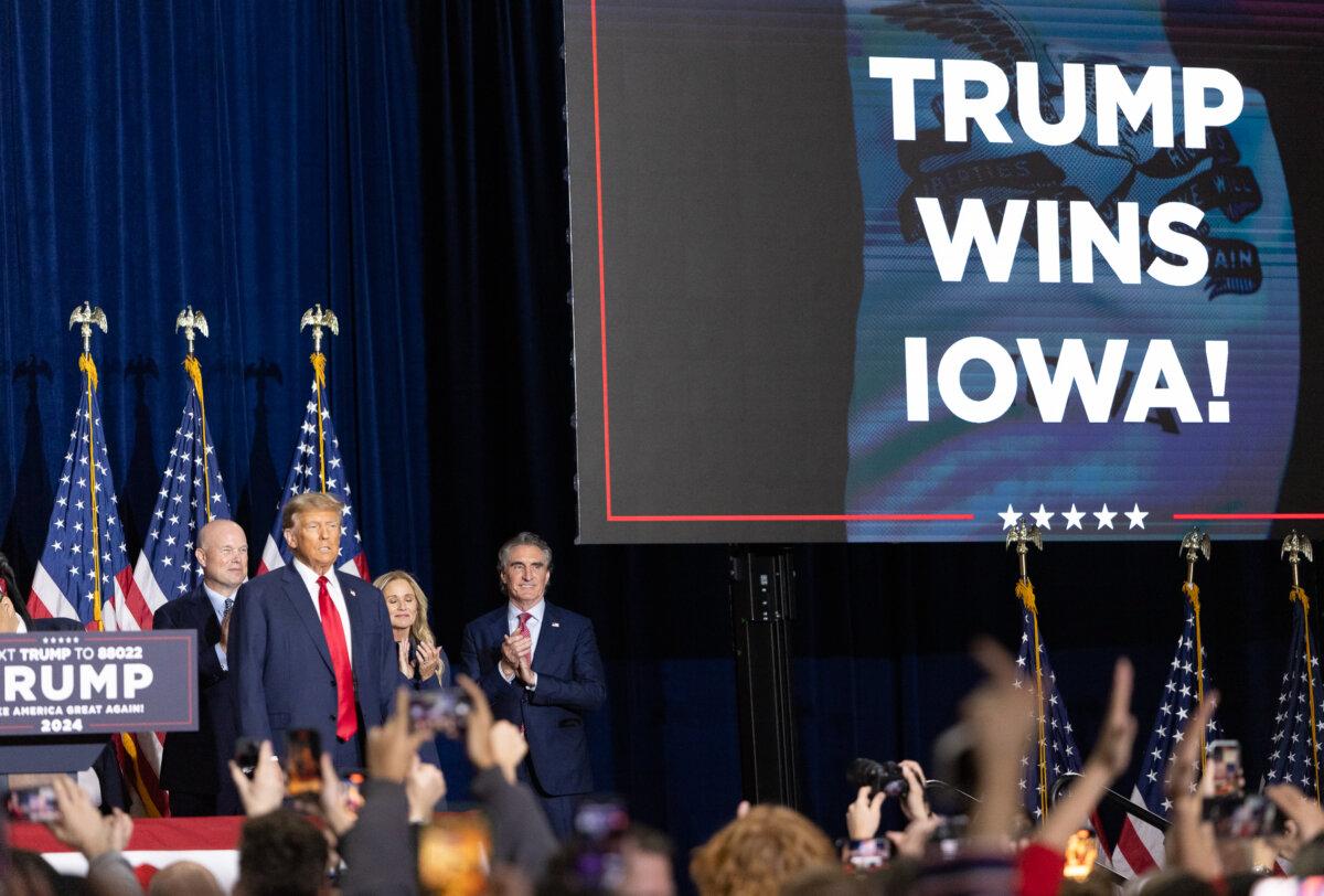 Former President Donald Trump delivers a victory speech to supporters in Des Moines, Iowa, on Jan. 15, 2024. (John Fredricks/The Epoch Times)