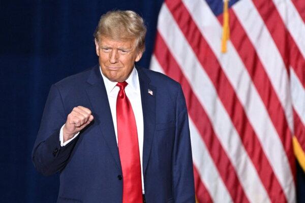 Former President and Republican presidential hopeful Donald Trump arrives at a watch party during the 2024 Iowa Republican presidential caucuses in Des Moines, Iowa, on Jan. 15, 2024. (Jim Watson/AFP via Getty Images)