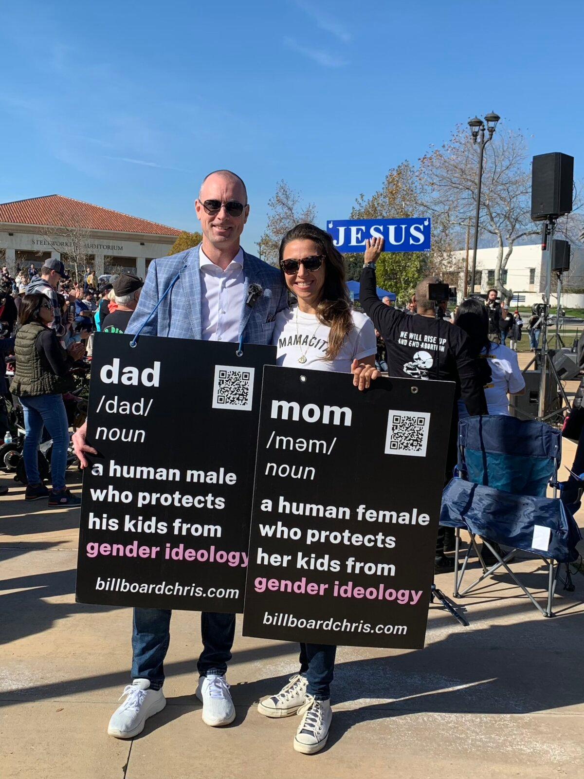 Chris Elston, a Canadian widely known as “Billboard Chris,” with Nicole Pearson from Protect Kids California at the Leave Our Kids Alone rally held in Fontana, Calif., on Jan. 13, 2024. (Courtesy of Nicole Pearson)