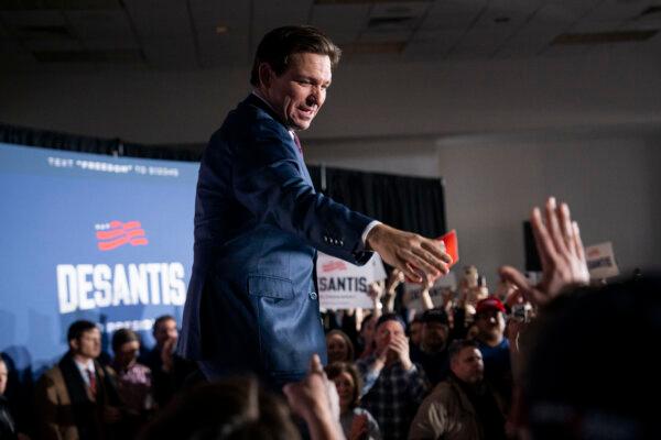 Republican presidential candidate Fla. Gov. Ron DeSantis speaks to supporters at the Sheraton Hotel in West Des Moines, Iowa, after the 2024 Iowa caucuses on Jan. 15, 2024. (Madalina Vasiliu/The Epoch Times)