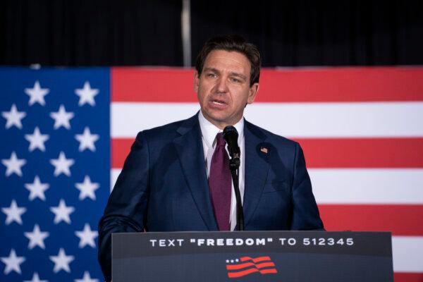 Republican presidential candidate Florida Gov. Ron DeSantis speaks to his supporters after finding out the 2024 Iowa caucuses results at the Sheraton Hotel in West Des Moines, Iowa, on Jan. 15, 2024. (Madalina Vasiliu/The Epoch Times)