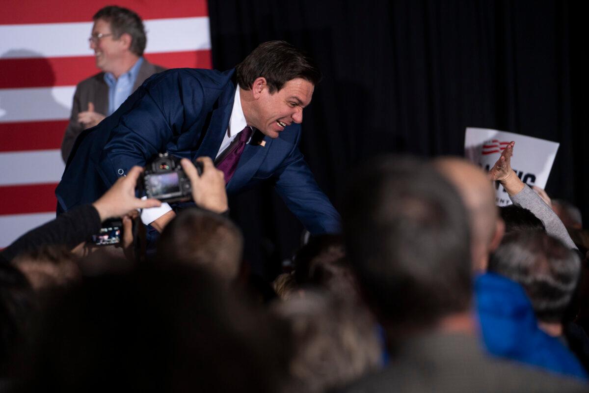 Republican presidential candidate Florida Gov. Ron DeSantis speaks to his supporters after finding out the 2024 Iowa caucuses results at the Sheraton Hotel in West Des Moines, Iowa, on Jan. 15, 2024. (Madalina Vasiliu/The Epoch Times)