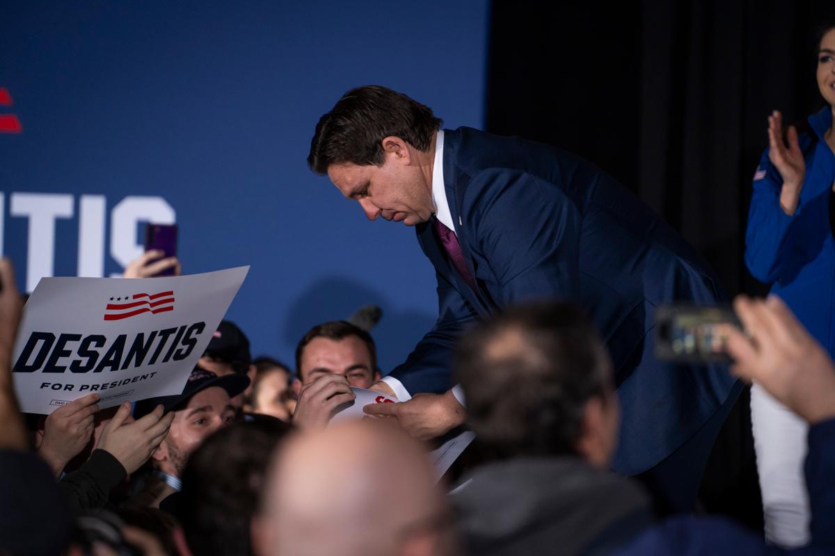 Republican presidential candidate Florida Gov. Ron DeSantis speaks to his supporters after finding out the 2024 Iowa caucuses results at the Sheraton Hotel in West Des Moines, Iowa, on Jan. 15, 2024. (Madalina Vasiliu/The Epoch Times)