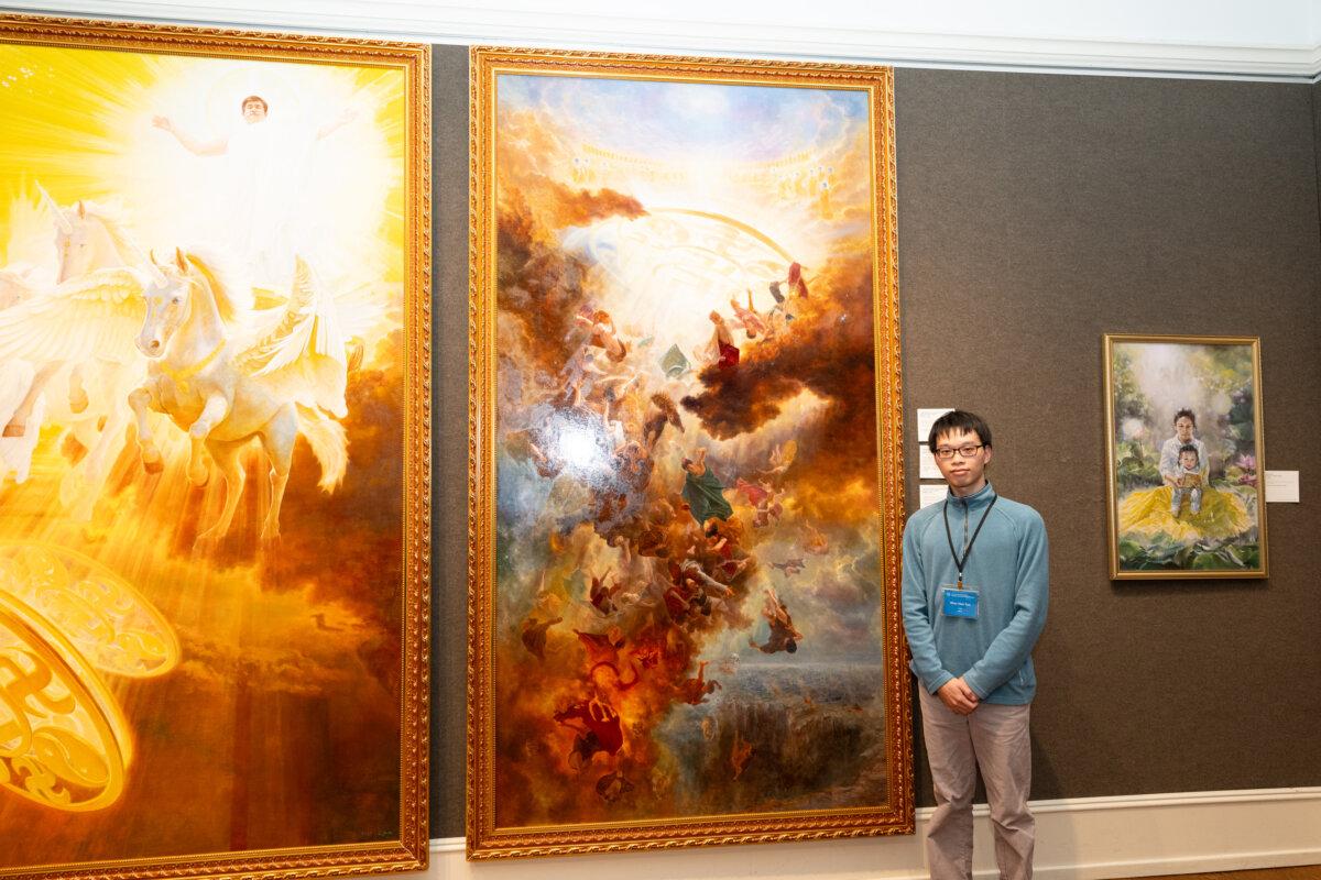 Shao-Han Tsai, artist of the right panel of "The Infinite Grace of Buddha" triptych, at the Salmagundi Club in New York on Jan. 15, 2024. (Larry Dye/The Epoch Times)
