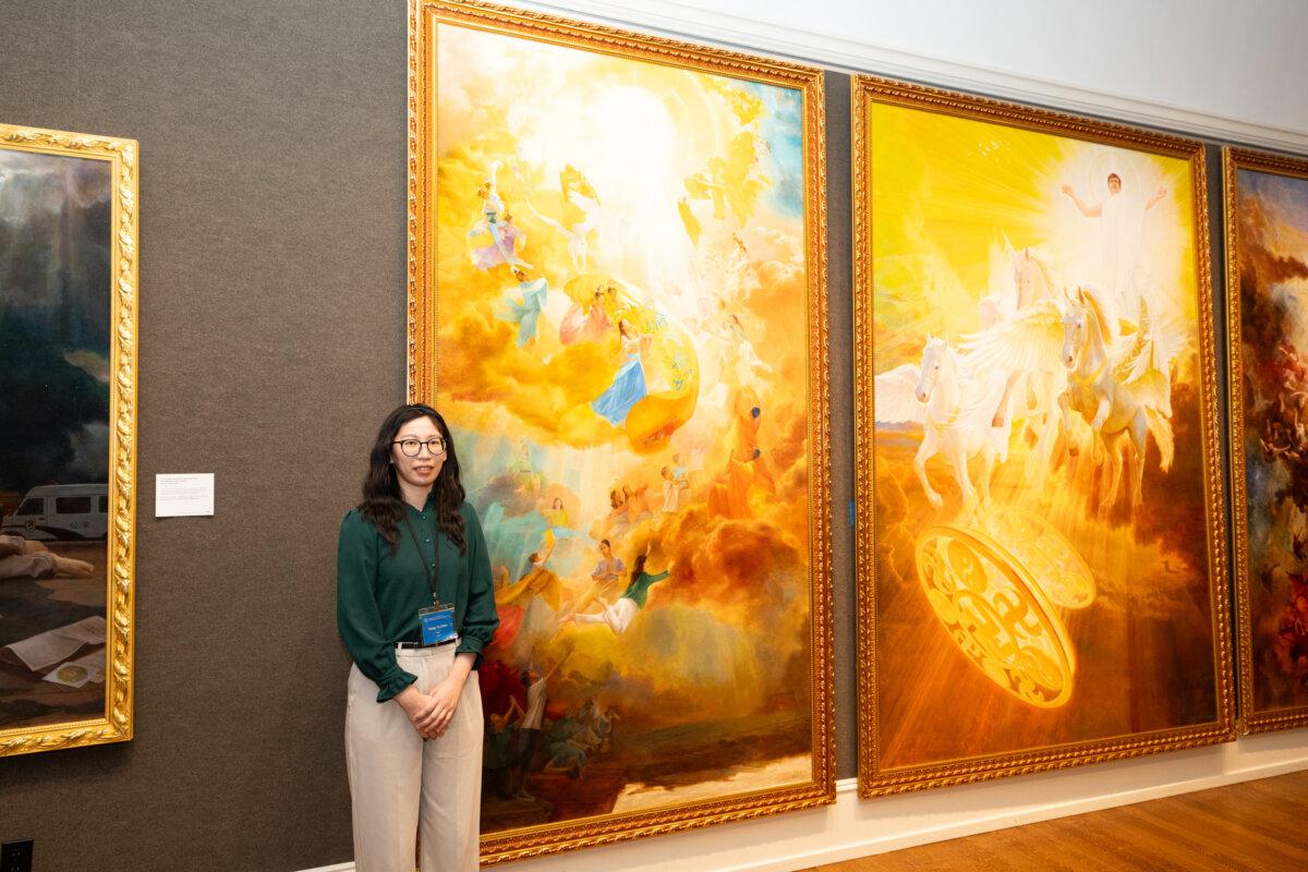 Hung-Yu Chen, artist of the left panel of "The Infinite Grace of Buddha" triptych, at the Salmagundi Club in New York on Jan. 15, 2024. (Larry Dye/The Epoch Times)