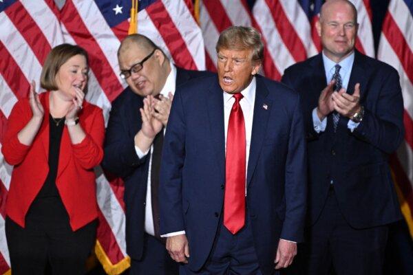 Former President Donald Trump speaks at a watch party during the 2024 Iowa Republican presidential caucuses in Des Moines, Iowa, on Jan. 15, 2024. (Jim Watson/AFP via Getty Images)