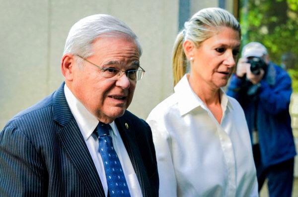U.S. Sen. Bob Menendez (D-N.J.) and his wife, Nadine Arslanian Menendez, arrive at the U.S. District Court for the Southern District of New York, in New York City, on Sept. 27, 2023. (Timothy A. Clary/AFP via Getty Images)