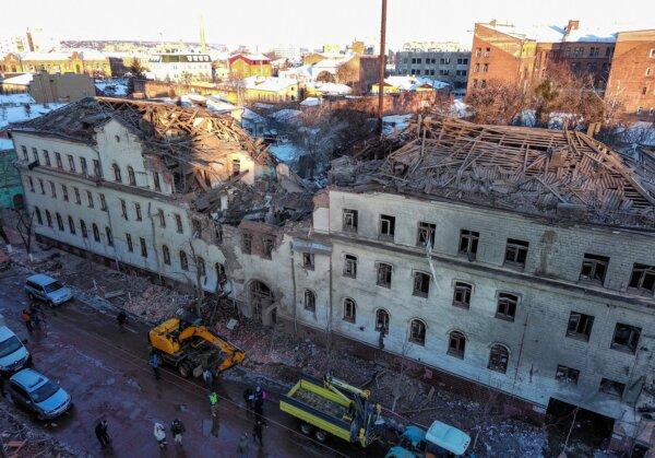 A building heavily damaged by a Russian missile strike in central Kharkiv, Ukraine, on Jan. 17, 2024. (Yan Dobronosov/Reuters)