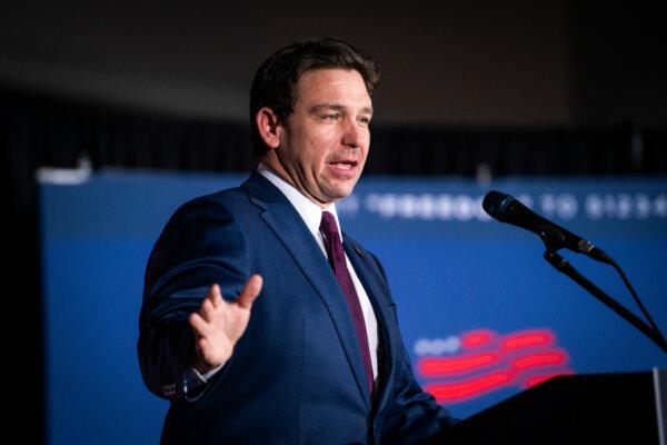 Republican presidential candidate Florida Gov. Ron DeSantis speaks to his supporters after finding out the 2024 Iowa caucuses results at the Sheraton Hotel in West Des Moines, Iowa, on Jan. 15, 2024. (Madalina Vasiliu/The Epoch Times)