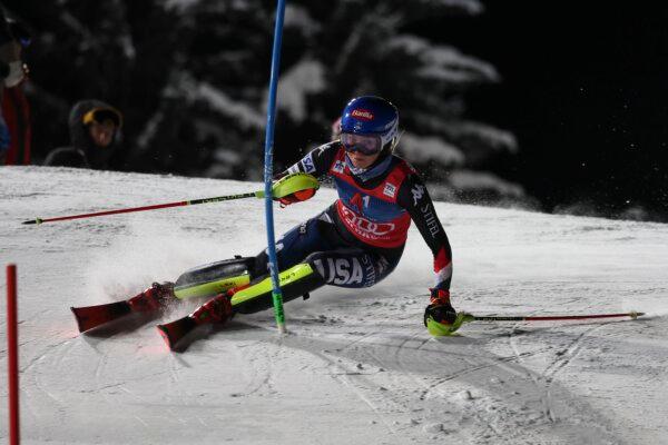 United States' Mikaela Shiffrin competes during an alpine ski, women's World Cup slalom in Flachau, Austria, on Jan.16, 2024. (Giovanni Auletta/AP Photo)