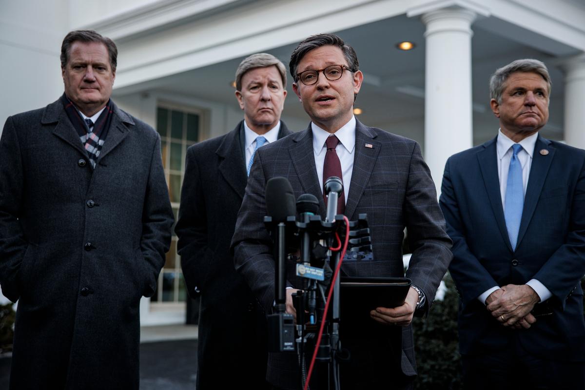 Speaker of the House Mike Johnson (R-La.) makes a statement alongside (L–R) Rep. Mike Turner (R-Ohio), Mike Rogers (R-Ala.), and Mike McCaul (R-Texas) outside the White House on Jan. 17, 2024. (Samuel Corum/Getty Images)