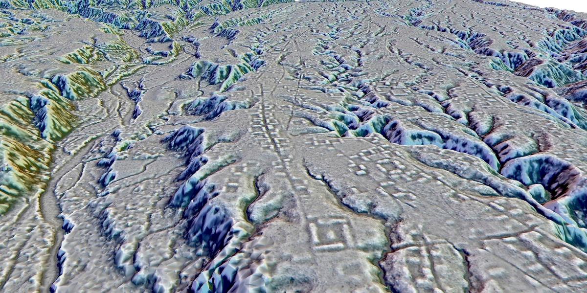 A Lidar image shows complexes of rectangular platforms arranged around low squares and distributed along wide dug streets at the Kunguints site in Upano Valley, Ecuador. (Antoine Dorison, Stéphen Rostain via AP)