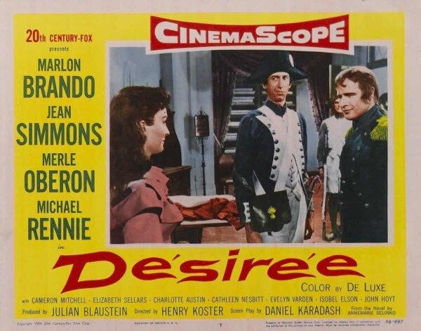 Lobby card for the 1954 film “Désirée” starring Marlon Brando as Napoleon Bonaparte and Jean Simmons as the title character. (MovieStillsDB)