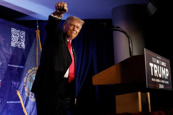 Republican presidential candidate and former President Donald Trump talks to supporters during a campaign rally at the Sheraton Portsmouth Harborside Hotel in Portsmouth, N.H., on Jan. 17, 2024. (Chip Somodevilla/Getty Images)
