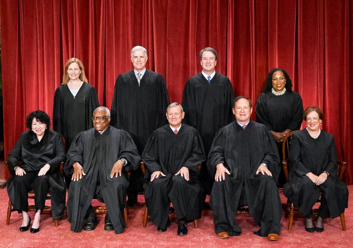 Justices of the U.S. Supreme Court pose for their official photo at the Supreme Court in Washington on Oct. 7, 2022. (Olivier Douliery/AFP via Getty Images)