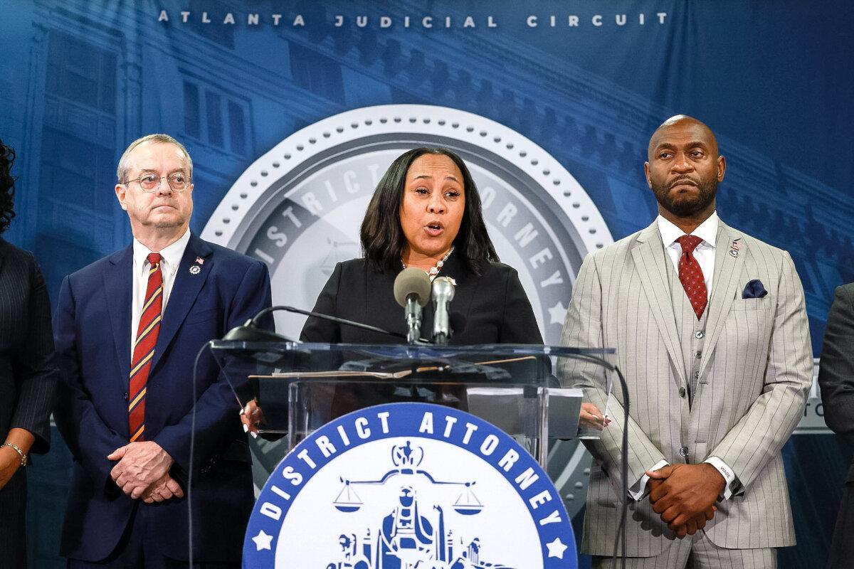 Fulton County District Attorney Fani Willis speaks during a news conference at the Fulton County Government building in Atlanta on Aug. 14, 2023. (Joe Raedle/Getty Images)