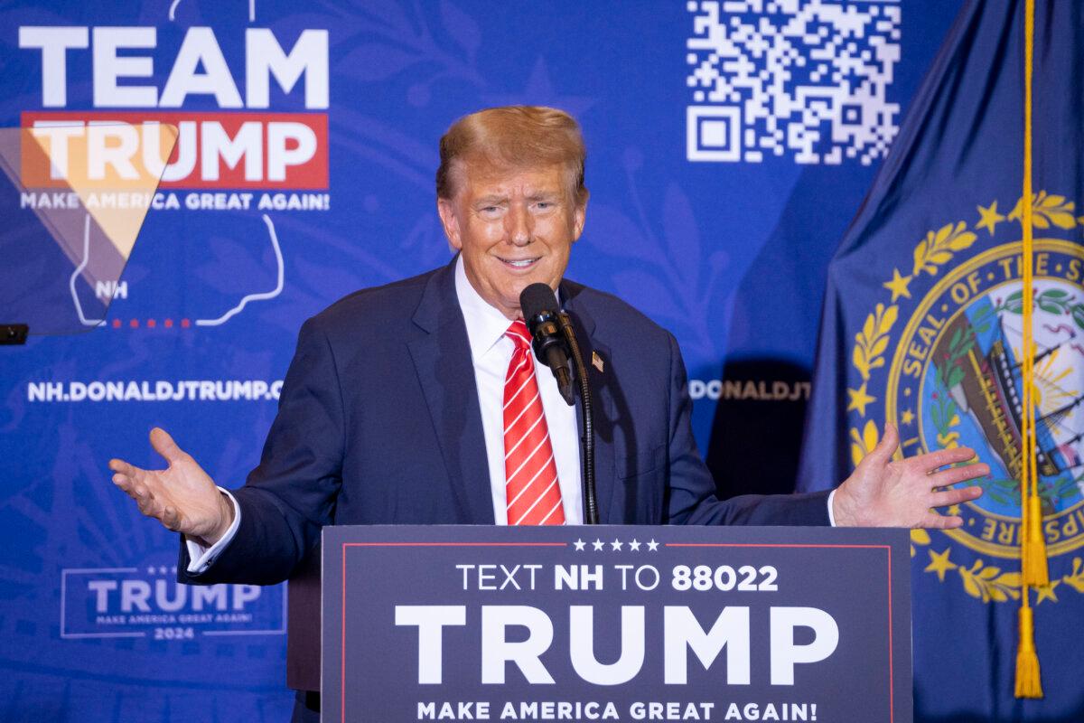 Republican presidential candidate and former President Donald J. Trump speaks during a campaign event in Concord, N.H., on Jan. 19, 2024. (Madalina Vasiliu/The Epoch Times)