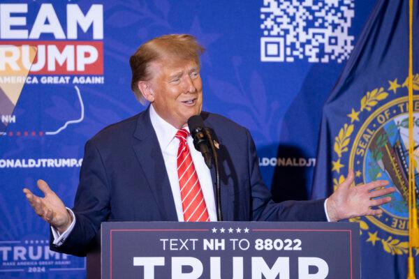 Republican presidential candidate and former President Donald J. Trump speaks during a campaign event in Concord, N.H., on Jan. 19, 2024. (Madalina Vasiliu/The Epoch Times)