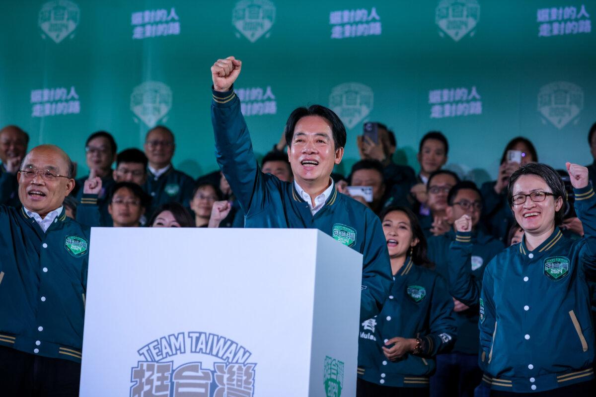 Taiwan's Vice President and president-elect from the Democratic Progressive Party (DPP), Lai Ching-te (C), speaks to supporters at a rally at the party's headquarters on January 13, 2024, in Taipei, Taiwan. Taiwan voted in a general election on Jan. 13 that will have direct implications for cross-strait relations. (Annabelle Chih/Getty Images)