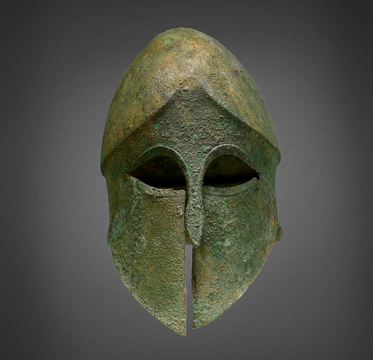 A Greek bronze Corinthian helmet, circa 525–475 B.C., from the late Archaic to early Classical period. Bronze; 11 1/4 inches. (© Christie’s Images Limited 2023)