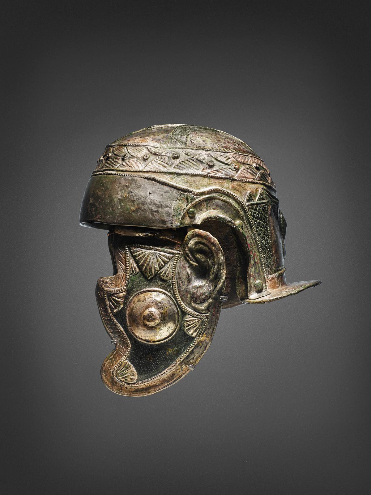 A Roman iron and tinned bronze cavalry helmet, circa A.D. 125–175, from the Antonine Period. Iron and bronze; 11 inches. (© Christie’s Images Limited 2023)