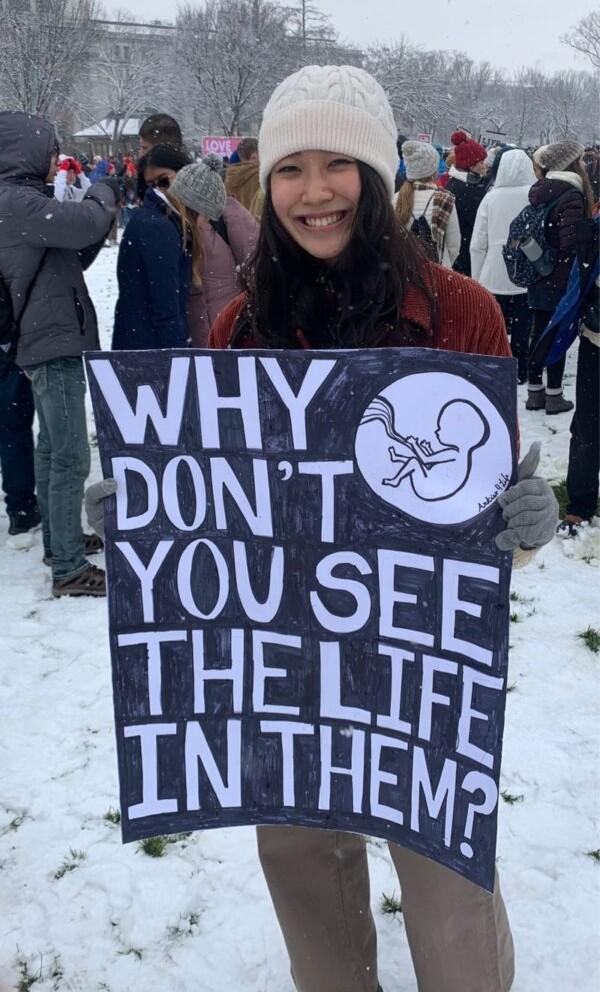 Art student Lucie Lee, 20, takes part in the March for Life in Washington on Jan. 19, 2024. (Sam Dorman/The Epoch Times)