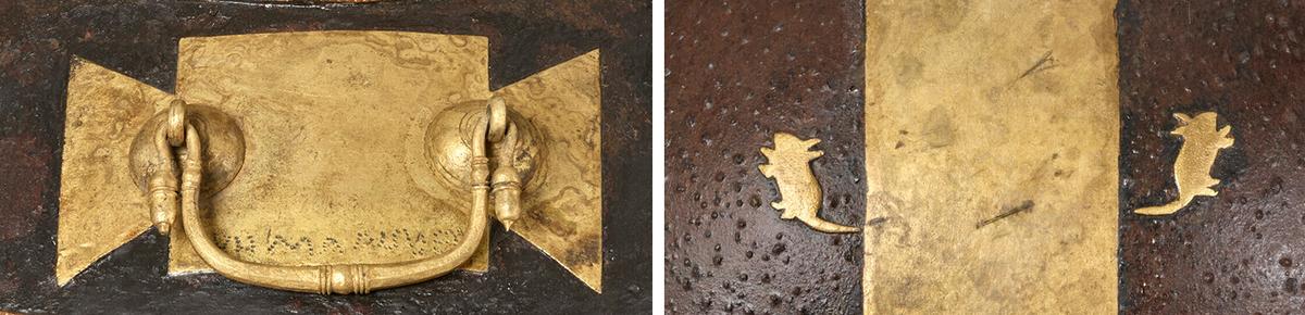 Details of the inscription and the mice on the Gutmann mouse helmet. (© Christie’s Images Limited 2023)