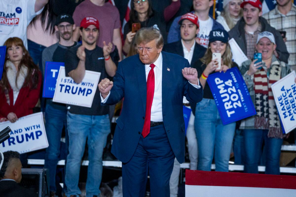 Republican presidential candidate and former President Donald J. Trump dances after speaking at a rally in Manchester, N.H., on Jan. 20, 2024. (Madalina Vasiliu/The Epoch Times)