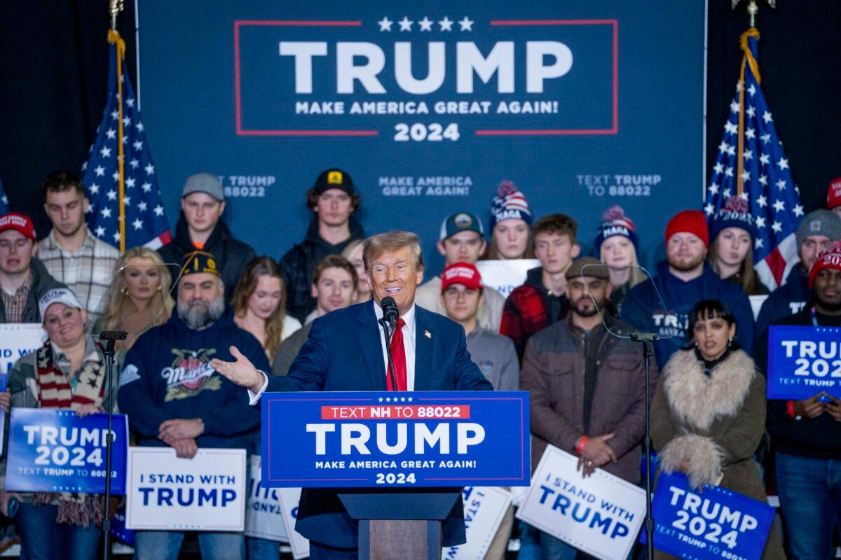 Republican presidential candidate and former President Donald J. Trump speaks at a rally in Manchester, N.H., on Jan. 20, 2024. (Madalina Vasiliu/The Epoch Times)