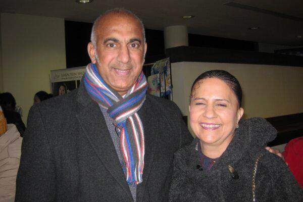 Sakil Dhanji with his wife Ashifa Dhanji at the Royal & Derngate in Northampton, U.K., on Jan. 20, 2024. (Chloe Hsiao/The Epoch Times)